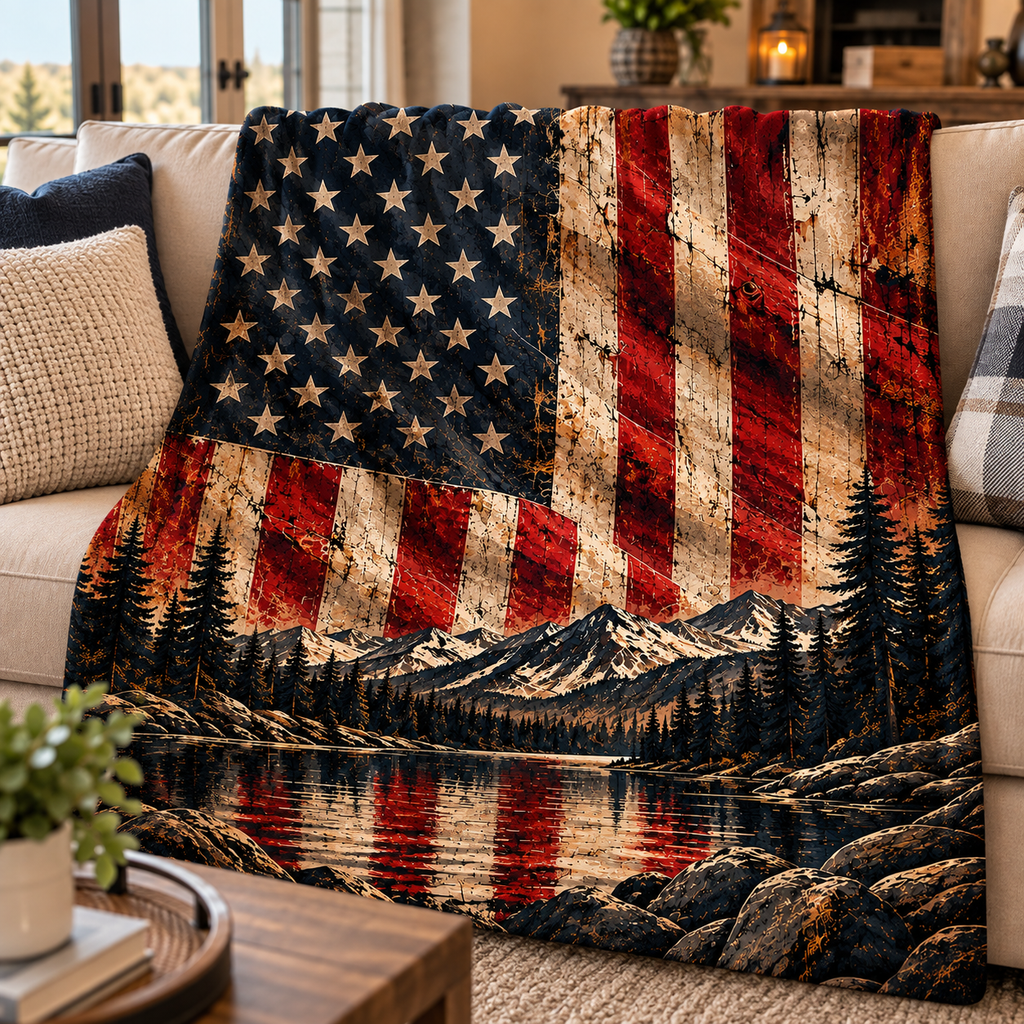 Rustic American Flag Mountain Lake Throw Blanket (60x80)