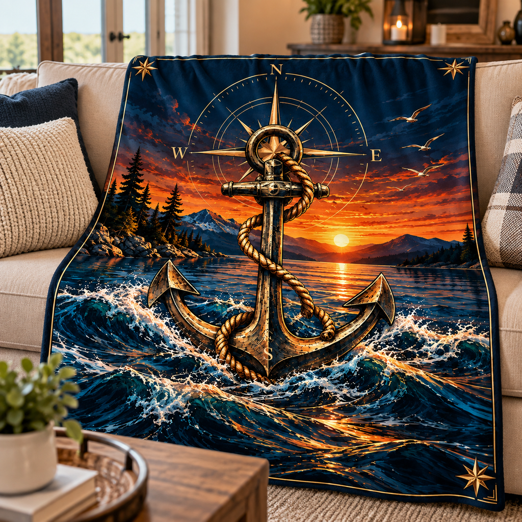 Nautical Anchor & Compass Sunset Throw Blanket (60x80)