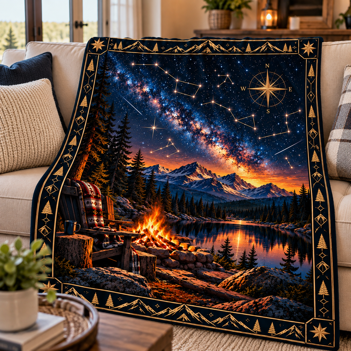 Starry Night Campfire Mountain Throw Blanket (60x80)