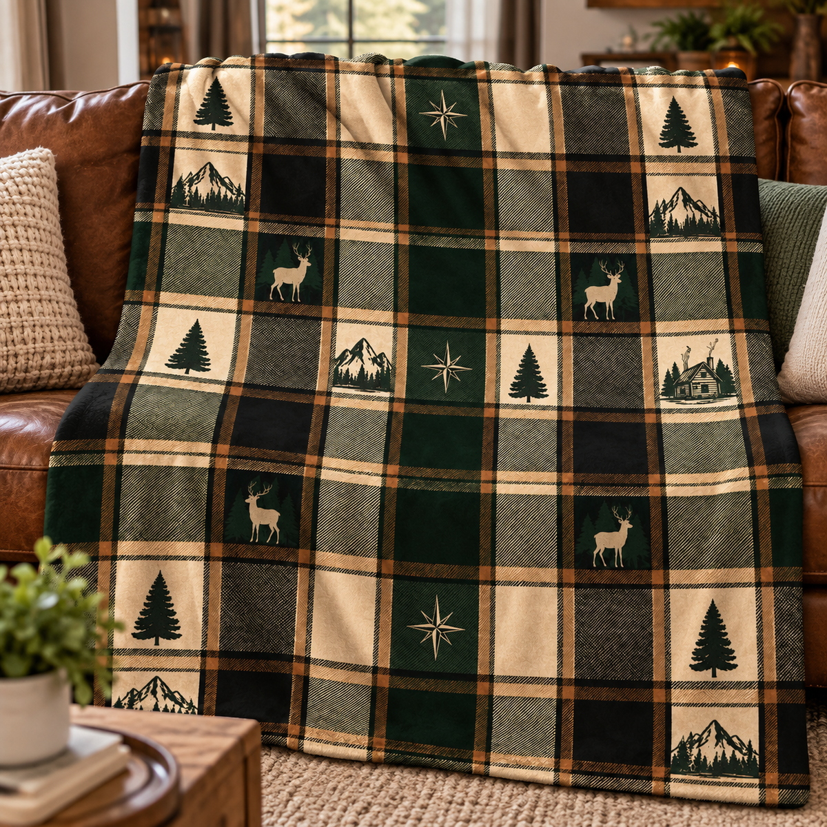 Rustic Plaid Cabin & Deer Throw Blanket (60x80)