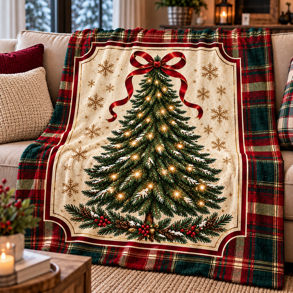Classic Plaid Border Winter Tree Throw Blanket (60x80)