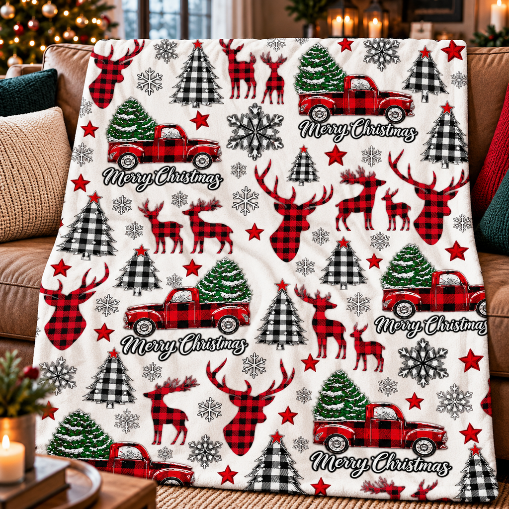 Plaid Reindeer Holiday Throw Blanket (60x80)